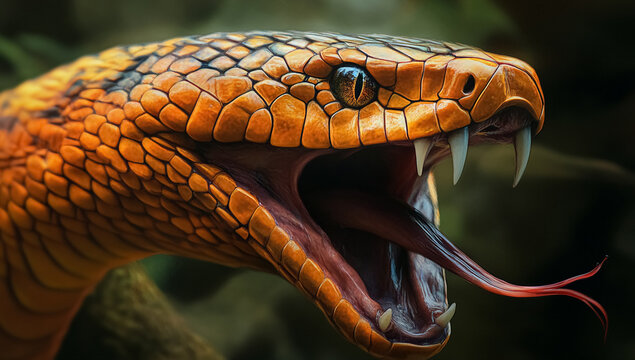 Closeup of the open mouth and teeth of an orange king cobra, ready to attack.