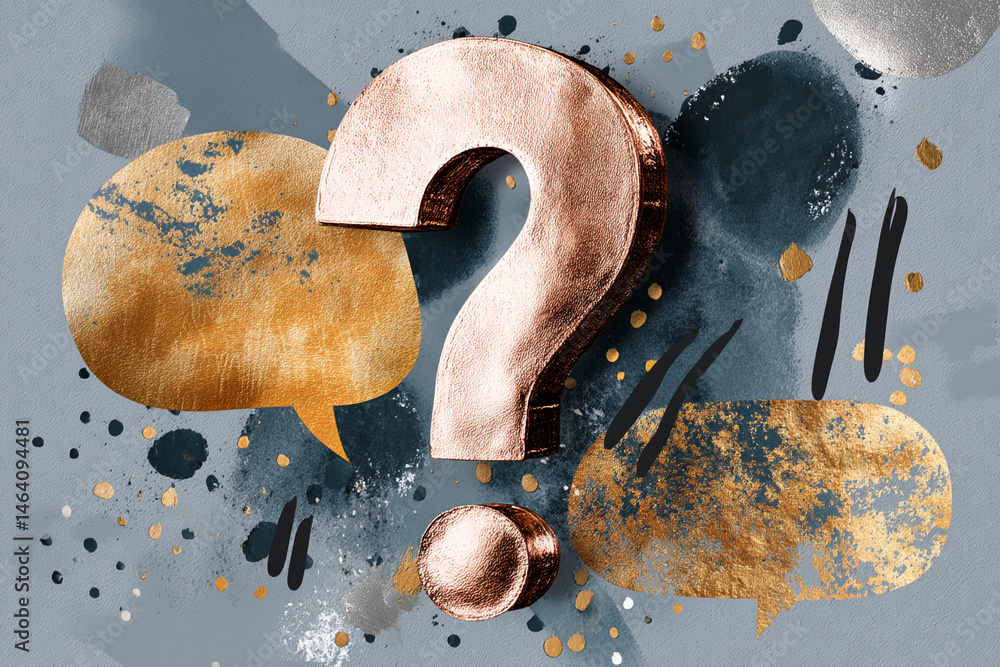 Poster rose gold question mark on textured gray background with gold and black abstract speech bubbles, sug