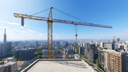 Fototapeta premium Construction crane dominates the skyline, overlooking a sprawlin