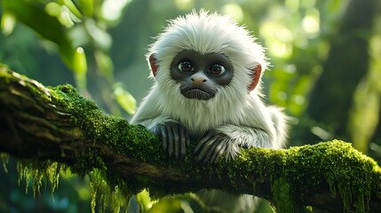 Obraz premium Adorable Baby Cotton-Top Tamarin Monkey on Mossy Branch in Lush Rainforest