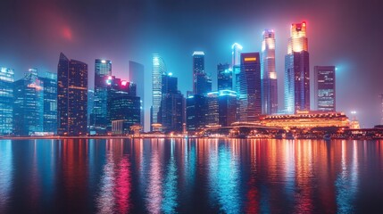 Fototapeta premium Nighttime cityscape with vibrant neon lights reflecting on water