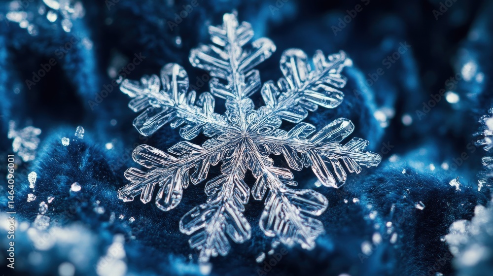 Poster close-up view of a crystalline snowflake on a dark background.