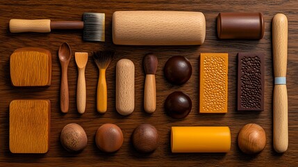 Flatlay of Printmaking Tools and Materials on Wooden Surface