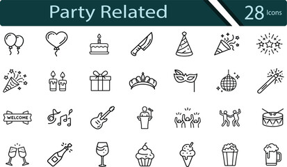 Minimalist Party and Celebration Icons for Events, Birthdays, and Festive Invitations.