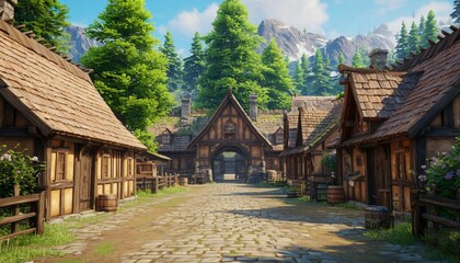 A quaint village street scene with charming buildings and a backdrop of mountains