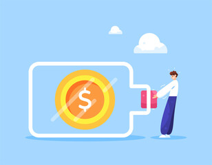 challenge and obstacle concept. effort and ambition to gain income, money and profit. money and earnings. illustration of a man trying to pull a bottle cap to get a gold coin. flat style design