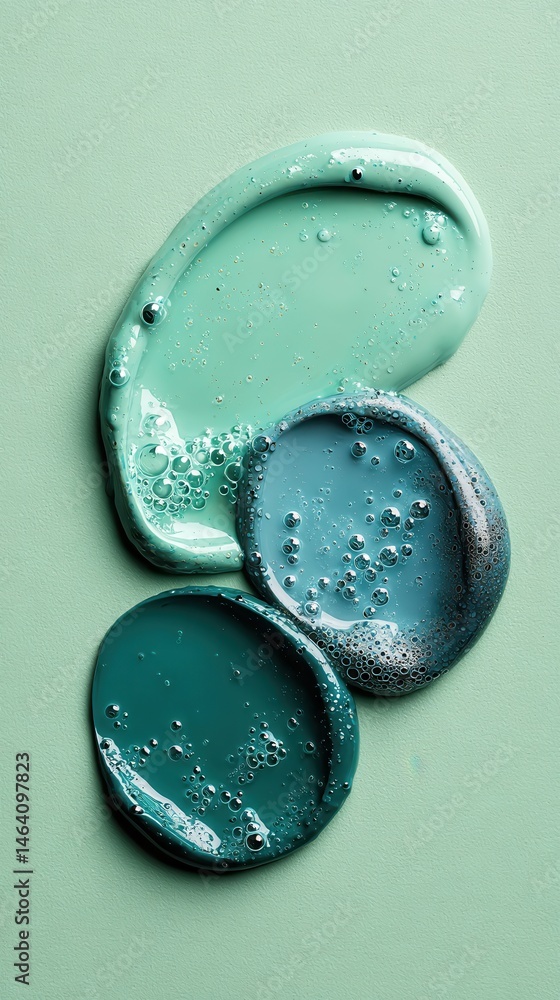 Poster Turquoise, green, teal paint swirling across matching surface, forming abstract pattern with translucent bubbles creating textural visual depth and artistic dynamism