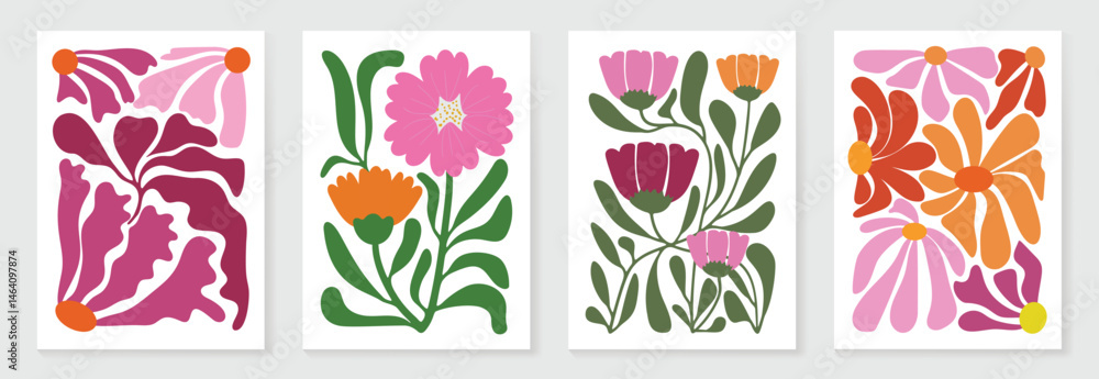 Poster botanical doodle background art vector set. flower and leaves abstract shape doodle art design for p