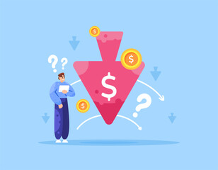 concept of declining sales. decreasing revenue, profits, and economy. business problems and losses. illustration of a businessman with declining financial conditions. flat style design. elements