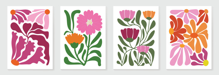 Fototapeta na wymiar Botanical doodle background art vector set. Flower and leaves abstract shape doodle art design for print, wallpaper, clipart, wall art for home decoration.