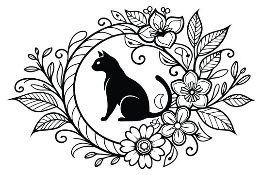 Fototapeta 96 Black and white illustration, intricate floral mandala, cat silhouette, ornate cat design, botanical wreath, detailed linework, symmetrical composition, decorative flowers and leaves, bohemian styl