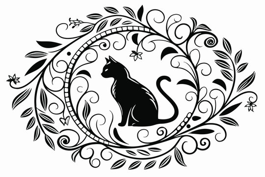 Fototapeta 96 Black and white illustration, intricate floral mandala, cat silhouette, ornate cat design, botanical wreath, detailed linework, symmetrical composition, decorative flowers and leaves, bohemian styl