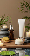 Spa Still Life Featuring Spa Products Candles and Green Palm Leaves