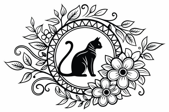 Fototapeta 96 Black and white illustration, intricate floral mandala, cat silhouette, ornate cat design, botanical wreath, detailed linework, symmetrical composition, decorative flowers and leaves, bohemian styl