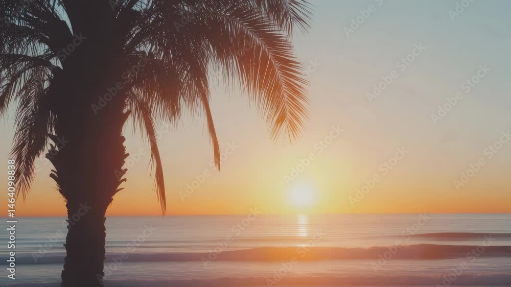 Poster golden sunset illuminating a tranquil ocean scene with gentle waves rolling in, framed by the silhou