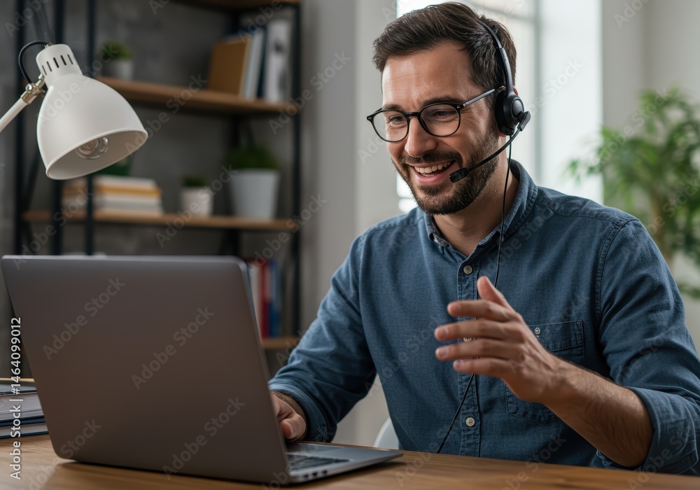 Poster smiling man with glasses using laptop and headset for a video call in a home office setting