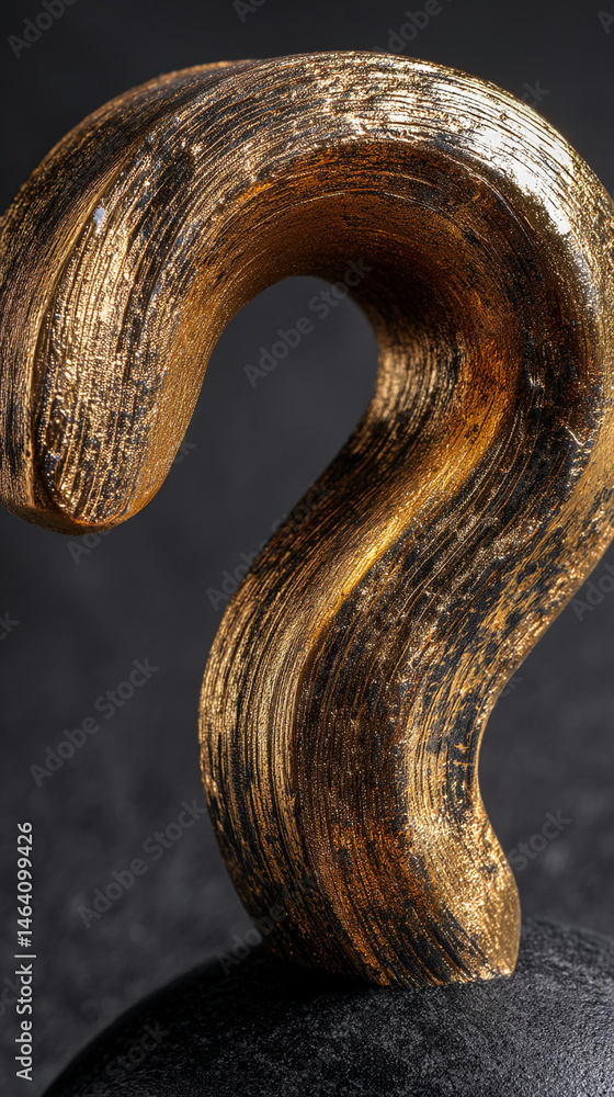Poster Close-up of gold textured question mark sculpture on dark surface, showcasing abstract design and intriguing form, symbolizing inquiry and mystery
