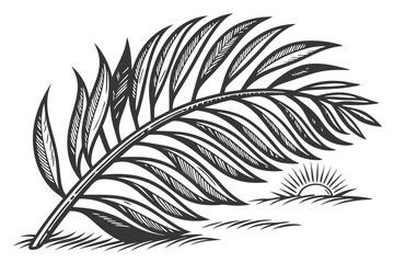 Obraz premium 97 Botanical illustration, palm leaf, detailed engraving, black and white, high contrast, fine linework, symmetrical composition, vintage scientific drawing, textured, realistic, tropical plant, simpl