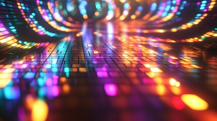 Neon Dance Floor: A dazzling display of neon lights, a vibrant and dynamic image of a dance floor, creating a sense of rhythm and energy. Capturing the pulse of night life and entertainment.