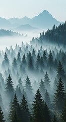 Fototapeta premium Misty Mountain Forest, Coniferous Trees, Aerial View