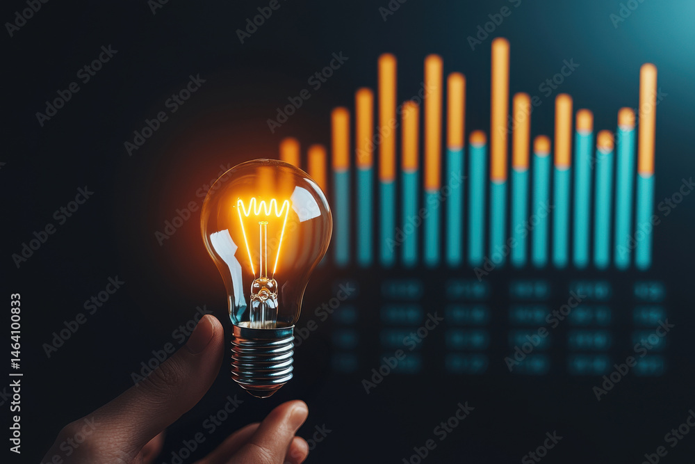 Poster business operations and entrepreneurship. light bulb held in hand with colorful data graph in the ba