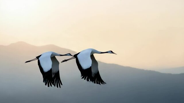 Red crowned cranes flying high above misty mountain peaks during early morning light, displaying elegant silhouettes against soft pastel hued landscape with delicate atmospheric depth