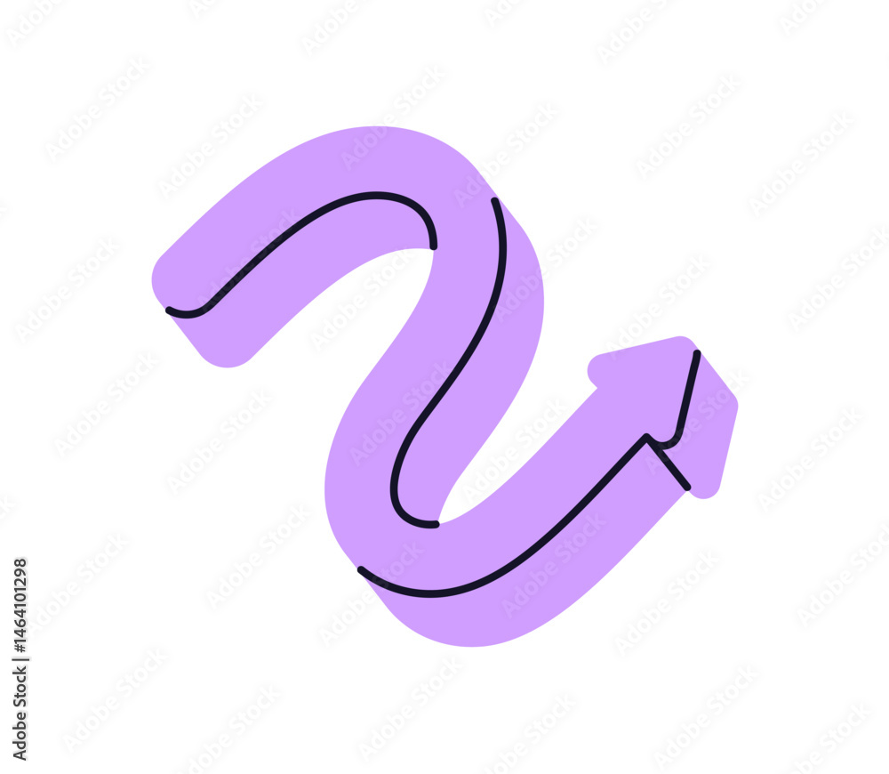 Poster curved wavy arrow twisting, turning. flexible path, route symbol. showing direction, navigation, poi