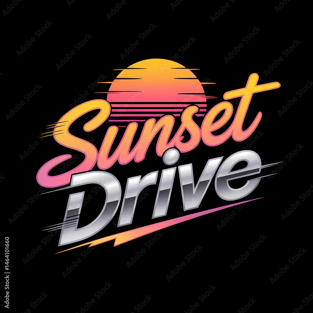 Poster retro wave-inspired design featuring a gradient sun and stylized text elements