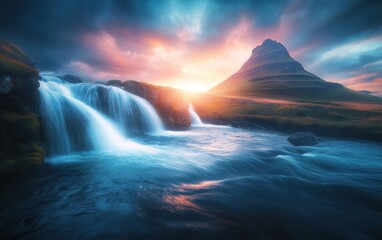 Fototapeta premium Dramatic mountain vista, cascading waterfalls, tranquil river flowing through lush landscape at vibrant sunset