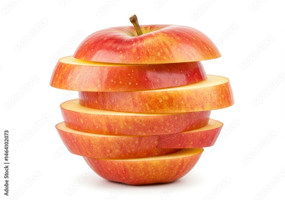 Poster sliced red apple stacked on a white background showing the fruit's texture and stem