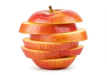 Sliced red apple stacked on a white background showing the fruit's texture and stem