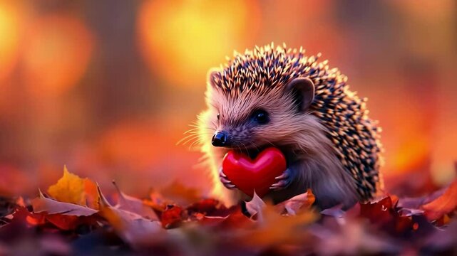 Adorable hedgehog holding red heart surrounded by autumn leaves. The 14th of February. Happy Valentine's Day