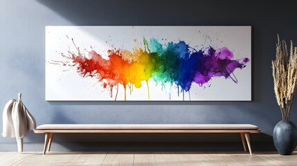Vibrant Rainbow Splatter Art: A modern interior presents a captivating artistic display with a long canvas showcasing an abstract rainbow splatter.