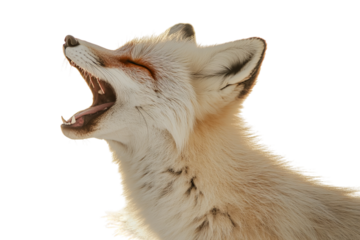 Close-up of a white fox yawning with a lush fur coat and striking facial features.