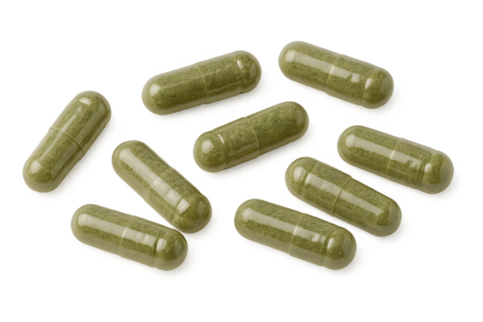 Green capsules, likely dietary supplements or herbal pills, arranged randomly on a surface. Concept Dietary Supplements, Herbal Pills, Health Benefits, Nutritional Ingredients, Capsule Arrangements