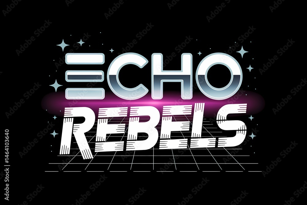 Poster retro wave styled text effect with grid and stars for eighties themed design
