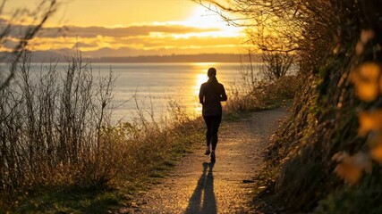 Golden hour runner on coastal trail