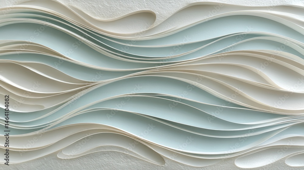 Poster light blue, white paper strips forming gentle wave pattern, casting soft shadows across serene abstr