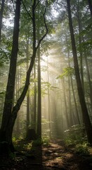 Fototapeta premium Sun Rays Through Forest Trees in Early Morning Light and Fog