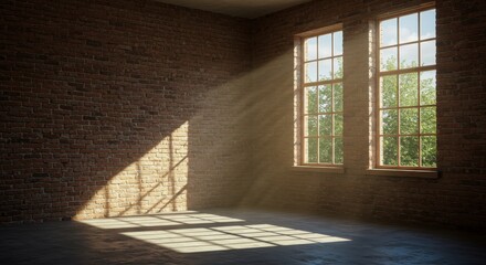 Sunlight Streams Through Windows into Empty Brick Room Interior
