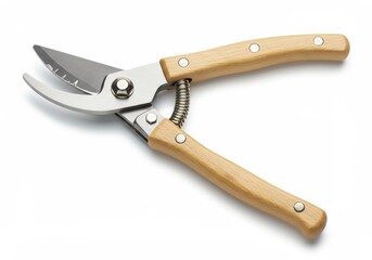 Close-up of a pair of silver pruning shears with light brown wooden handles on a white background