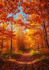 Fototapeta premium Sunlit Autumnal Forest Path with Orange Leaves and Deciduous Trees
