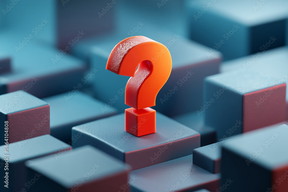 Aufkleber Orange question mark on blue cube, amidst a field of similar cubes, suggesting uncertainty or the search for answers, suitable for websites about problem-solving or FAQs