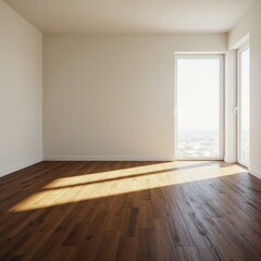 Sunlit Modern Interior Empty Room with Wooden Floor and Large Window