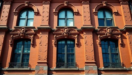 Fototapeta premium Ornate brick facade, intricate detailing, tall windows, texture, row house, chimney