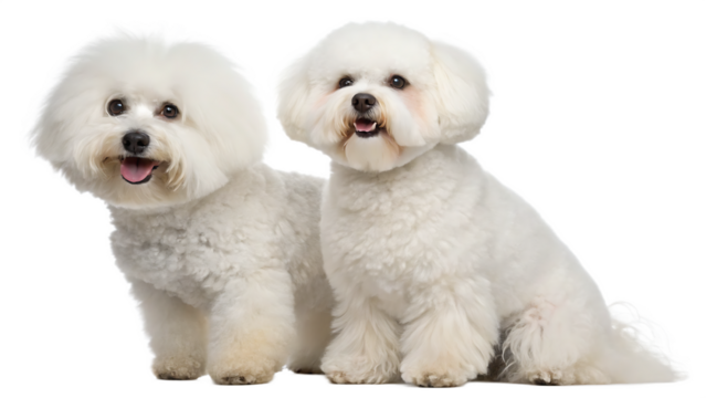 two bichon frise dogs isolated on white background, PNG