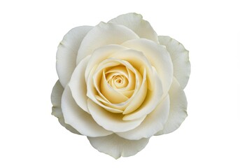 Close-up of a single white rose with a yellow center, isolated on a white background, showcasing its delicate petals