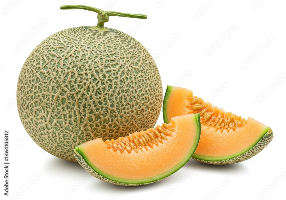 Poster close-up of a whole cantaloupe with two slices in front of it on a white surface, showcasing the fru