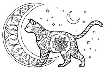 99 Intricate mandala cat, crescent moon, zentangle patterns, black and white line art, symmetrical design, ornate details, celestial theme, decorative illustration, adult coloring book style, geometri