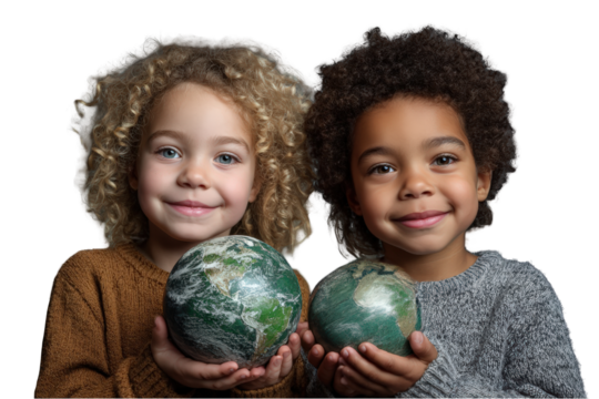 Two adorable diverse children holding small earth globes smiling happy global friendship boy eco kids on transparent background